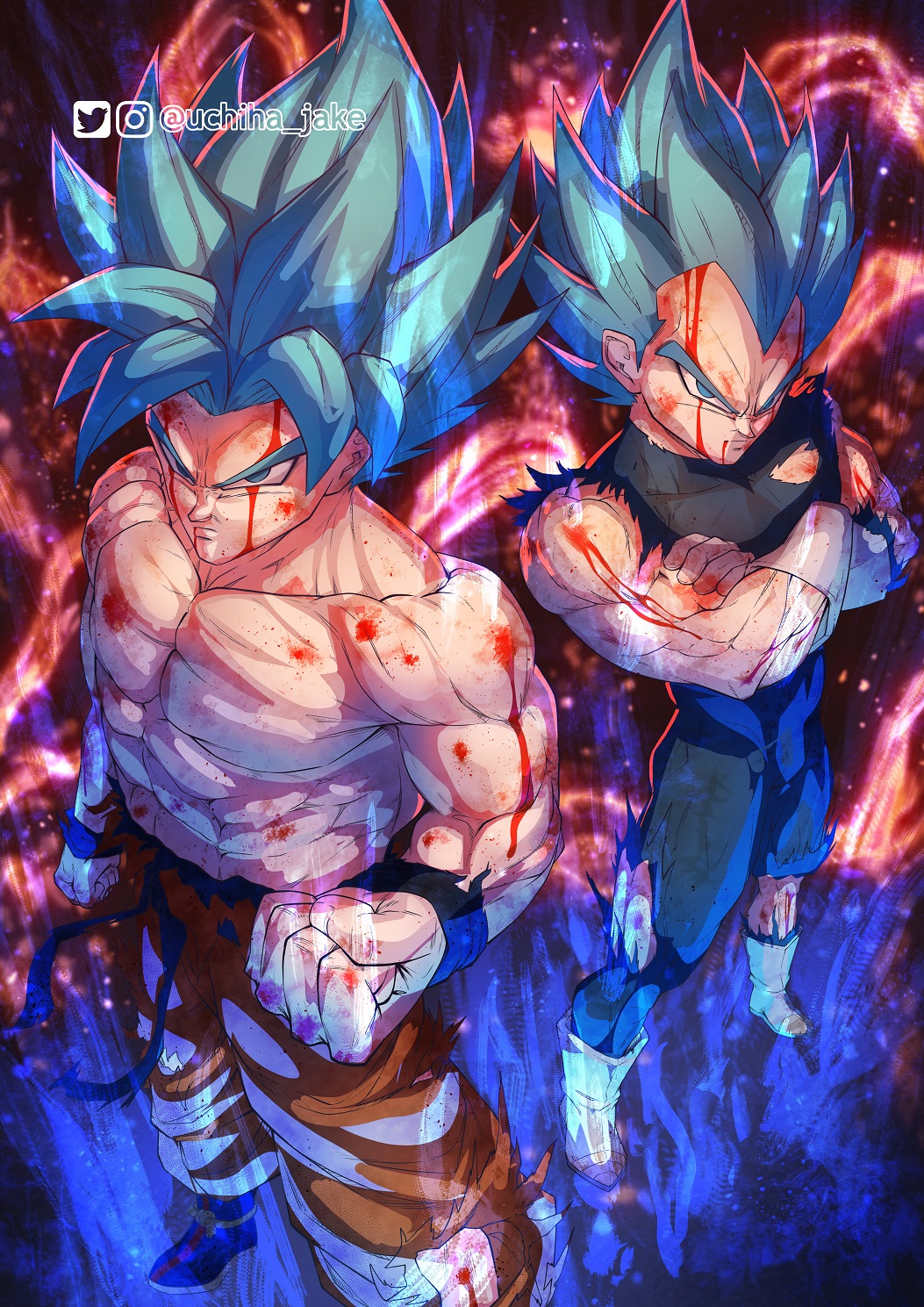 2boys abs artist_name aura baggy_pants belt biceps blood blood_on_face blue_eyes boots clenched_hands crossed_arms cuffs dirty dirty_face dragon_ball dragon_ball_super highres long_hair looking_at_viewer looking_up male_focus mature_male multiple_boys muscular muscular_arms muscular_male pants pectorals shackles shirt sleeveless son_goku spiked_hair thick_eyebrows tight_clothes torn_clothes twitter_username uchiha_jake vegeta