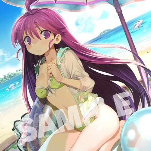 1girl ahoge alice_soft beach bikini breasts female_focus kentou_kanami long_hair looking_at_viewer lowres ocean parted_lips purple_eyes purple_hair rance_(series) rance_03_leazas_kanraku sample_watermark sitting solo swimsuit tokuten watermark