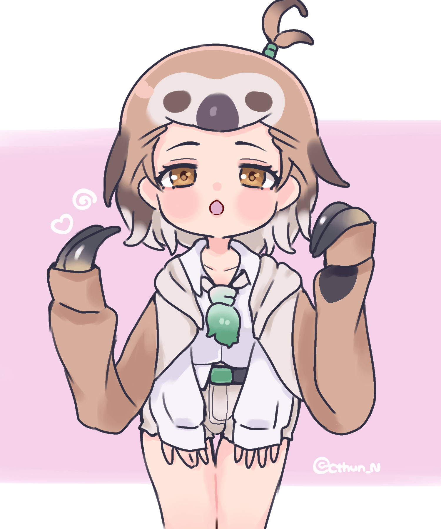 1girl belt brown_eyes brown_hair cthun_n grey_hair heart highres hood hoodie kemono_friends linnaeus&#039;s_two-toed_sloth_(kemono_friends) looking_at_viewer multicolored_hair necktie purple_background ribbon shirt short_hair shorts simple_background sloth_girl solo two-tone_hair