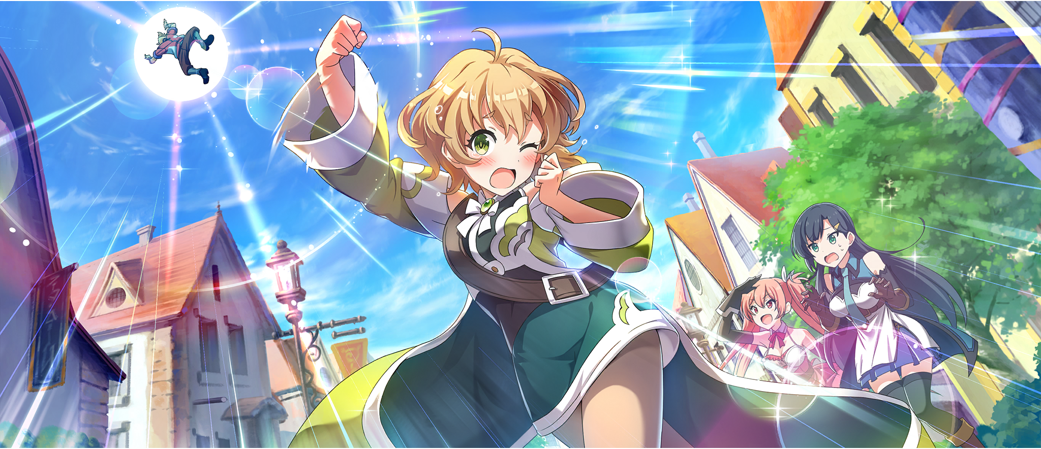 1boy 3girls ahoge arm_up armpit_crease black_gloves black_hair black_thighhighs blonde_hair blue_necktie blue_skirt blue_sky boots brown_boots brown_gloves building cielo_(konosuba) collar day detached_collar double-parted_bangs dress dust_(konosuba) elbow_gloves erika_(konosuba) from_below furrowed_brow game_cg gloves green_brooch green_dress green_eyes grey_pantyhose hair_ornament hairclip highres kono_subarashii_sekai_ni_shukufuku_wo! konosuba!_fantastic_days lamppost lia_(konosuba) long_hair looking_up midair miniskirt multiple_girls neck_ribbon necktie nervous off_shoulder official_art one_eye_closed open_mouth outdoors pantyhose parted_bangs pink_dress pink_eyes pink_hair pink_ribbon punching ribbon road short_dress short_hair shoulder_belt sidelocks skirt skirt_under_dress sky sleeveless sleeveless_dress spaghetti_strap street sun thighhighs tree twintails very_long_hair wavy_hair white_collar white_dress zettai_ryouiki