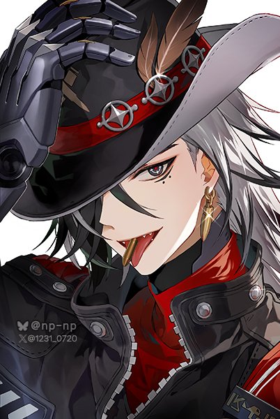 1boy arm_up artist_name black_eyes black_hair black_hat black_jacket bluesky_logo bluesky_username boothill_(honkai:_star_rail) bullet bullet_earrings bullet_in_mouth commentary_request cowboy_hat crossed_bangs crosshair_pupils cyborg earrings glint gold_earrings hair_over_one_eye hand_on_headwear hat hat_feather hat_over_one_eye honkai:_star_rail honkai_(series) jacket jewelry korean_commentary long_hair looking_at_viewer male_focus mole mole_under_eye multicolored_hair np_(1231_0720) one_eye_covered open_mouth parted_bangs red_pupils sharp_teeth simple_background single_earring smile solo streaked_hair teeth tongue tongue_out twitter_username twitter_x_logo upper_body white_background white_hair zipper