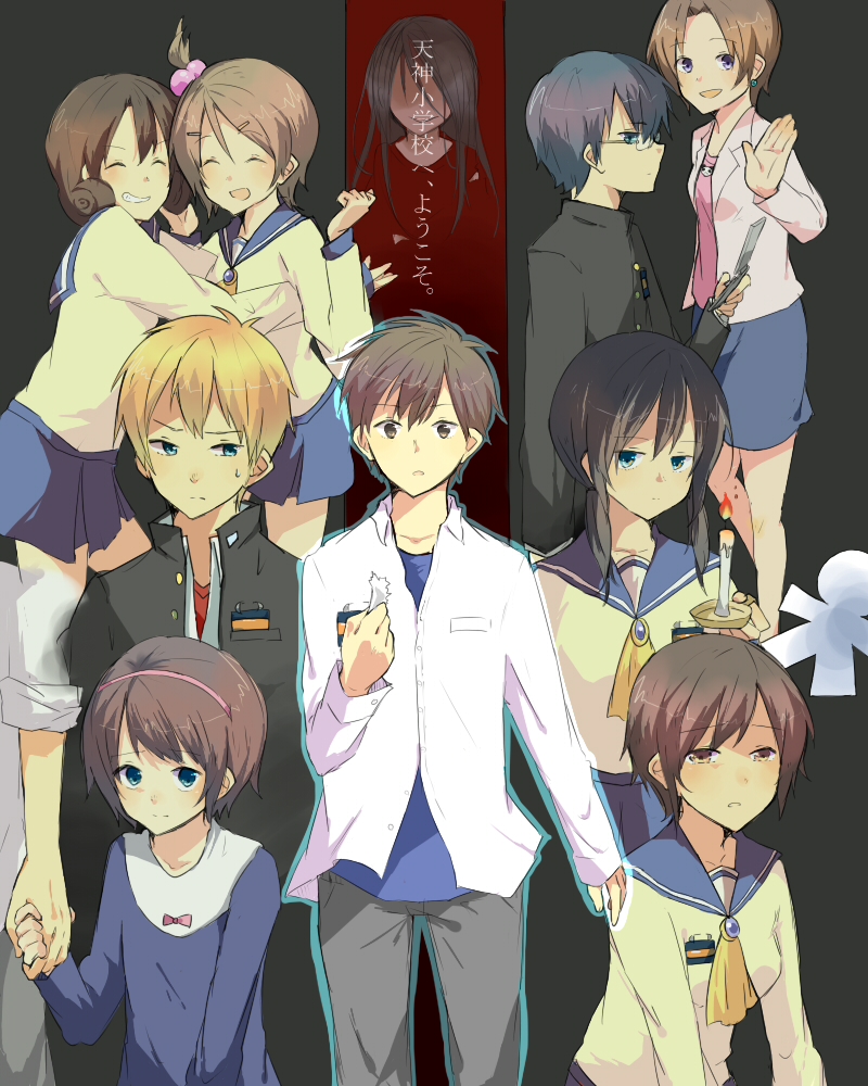 05_21 3boys 6+girls bad_id bad_pixiv_id black_hair blonde_hair blue_eyes brown_eyes brown_hair candle cellphone closed_eyes corpse_party curly_hair earrings glasses grin hair_bobbles hair_ornament hairband hairpin headband holding_hands hug jewelry kishinuma_yoshiki kizami_yuuya long_hair mochida_satoshi mochida_yuka morishige_sakutarou multiple_boys multiple_girls nakashima_naomi open_mouth phone school_dress school_uniform shinohara_seiko shinozaki_ayumi shinozaki_sachiko shishido_yui short_hair short_twintails smile suzumoto_mayu sweatdrop translated twintails