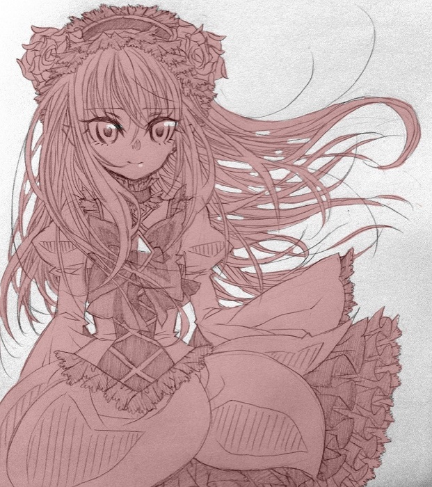 1girl 63snrk bow choker dark_dream flower frilled_choker frilled_sleeves frills graphite_(medium) light_smile long_hair long_sleeves looking_ahead maid_headdress pointy_ears precure puffy_sleeves rose solo traditional_media wind yes!_precure_5