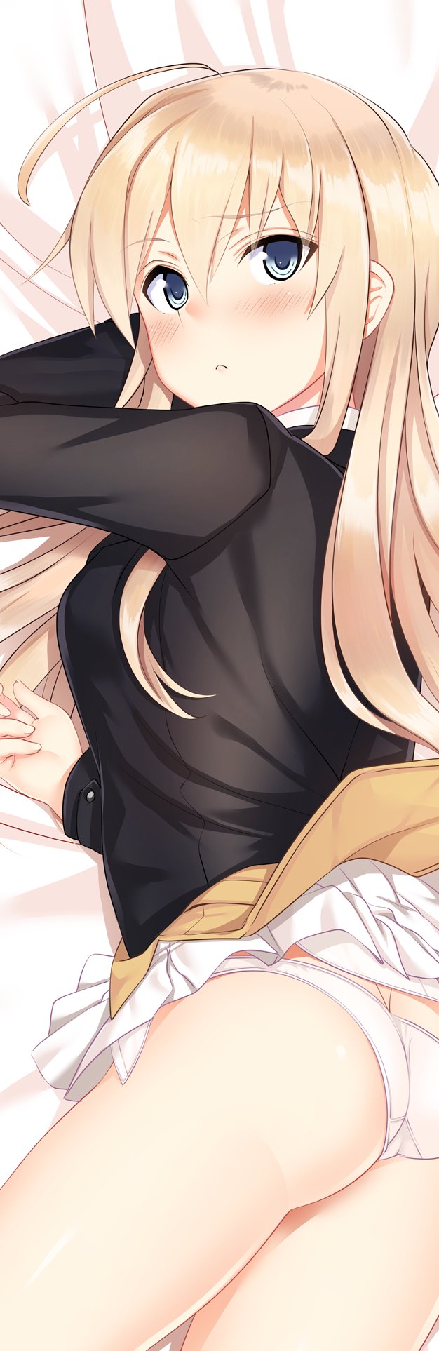 1girl a9b_(louis814) ahoge ass black_jacket blonde_hair blue_eyes blush hair_between_eyes hanna-justina_marseille highres jacket long_hair looking_at_viewer lying miniskirt on_stomach panties parted_lips skirt solo strike_witches tan_shirt thighs underwear white_panties white_skirt witches_of_africa world_witches_series