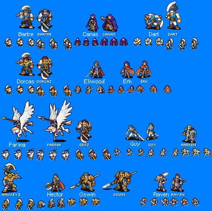 2d-knight 2girls 6+boys axe bartre_(fire_emblem) blue_background bow canas_(fire_emblem) dart_(fire_emblem) dorcas_(fire_emblem) eliwood_(fire_emblem) erk_(fire_emblem) farina_(fire_emblem) fire_emblem fire_emblem:_the_blazing_blade game_sprite geitz_(fire_emblem) guy_(fire_emblem) harken_(fire_emblem) hawkeye_(fire_emblem) hector_(fire_emblem) lance lowres multiple_boys multiple_girls nintendo oswin_(fire_emblem) pixel_art polearm raven_(fire_emblem) self-upload shield shield_scabbard simple_background sword weapon