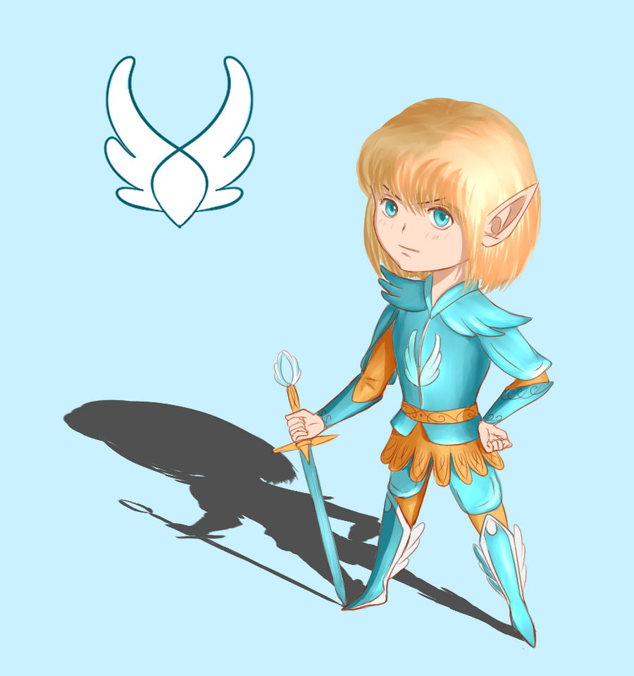 1boy armor blonde_hair blue_armor blue_background blue_eyes chibi closed_mouth eonwe full_body hand_on_own_hip helgadream holding holding_sword holding_weapon large_ears looking_at_viewer male_focus medium_hair pointy_ears shadow simple_background solo sword the_silmarillion tolkien&#039;s_legendarium weapon wing_ornament