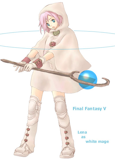 1girl bad_id blue_eyes boots character_name coat commentary_request copyright_name cuffs final_fantasy final_fantasy_v full_body gloves holding holding_staff hood hood_up knee_boots lenna_charlotte_tycoon looking_at_viewer mage_staff open_mouth pink_hair rendezvous short_hair solo staff standing white_background white_boots white_coat white_gloves wide_sleeves