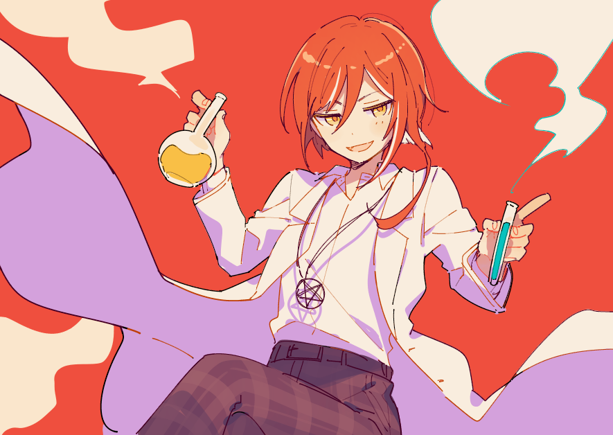 1boy 4_(nakajima4423) asymmetrical_hair bishounen black_pants cowboy_shot crossed_legs dot_nose ensemble_stars! flask half-closed_eyes holding holding_flask holding_test_tube jewelry male_focus naughty_face necklace orange_pupils pants parted_lips plaid_clothes plaid_pants red_background sakasaki_natsume shadow sideways_glance simple_background sitting smoke solo test_tube volumetric_flask yellow_eyes