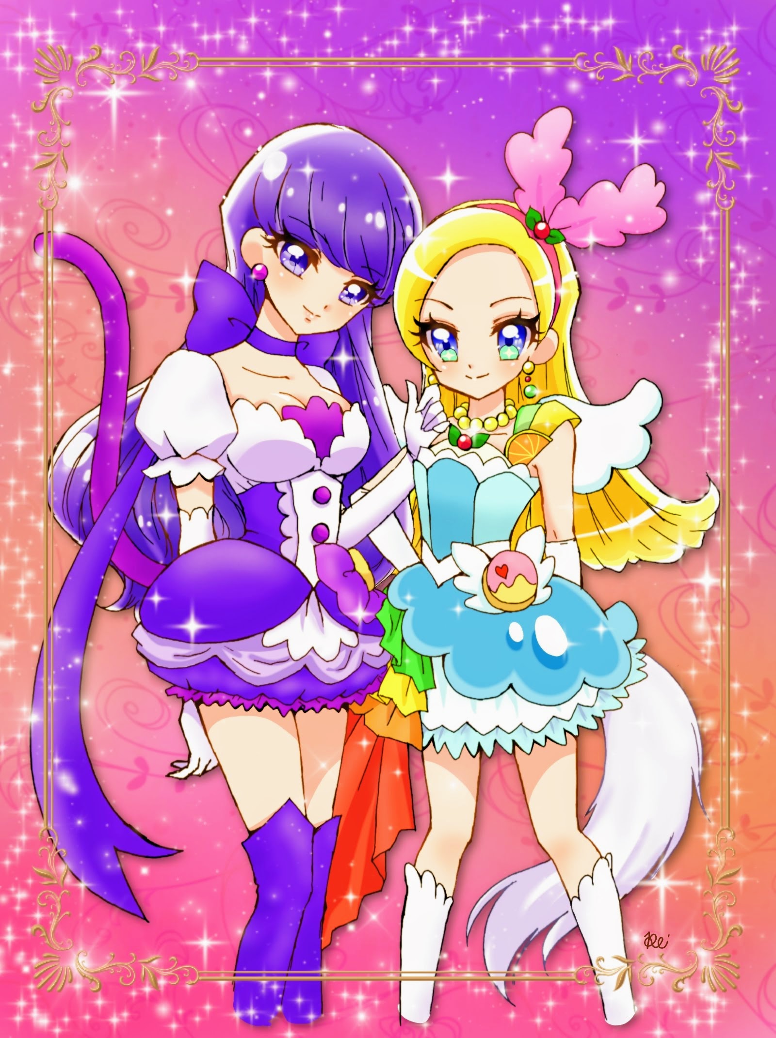 2girls bare_shoulders berry blonde_hair blush cat_tail choker collarbone commentary_request cosplay cure_macaron cure_parfait dress earrings elbow_gloves food fruit gloves hair_ornament headband highres jewelry kirahoshi_ciel kirakira_precure_a_la_mode kiwi_(fruit) kotozume_yukari leaf lemon long_hair multicolored_eyes multiple_girls orange_(fruit) pearl_choker pearl_earrings precure purple_eyes purple_footwear purple_hair reira_(reomimi0211) self_cosplay strapless strapless_dress tail white_footwear white_gloves white_tail white_wings wings