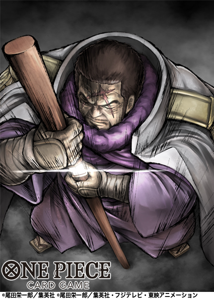 1boy cloak closed_eyes coat collared_coat commentary_request copyright_name crost epaulettes from_above fujitora_(one_piece) geta glint hand_guard japanese_clothes kimono male_focus official_art one_piece one_piece_card_game scar scar_on_face scarf sheath short_hair sideburns solo unsheathing white_coat yukata