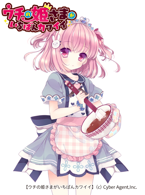 1boy blue_dress blunt_bangs bowl chocolate crossdressing dress hair_ornament holding holding_bowl jerry_lemon moriyama_shijimi official_art pink_eyes pink_hair rabbit_hair_ornament tiara trap two_side_up uchi_no_hime-sama_ga_ichiban_kawaii