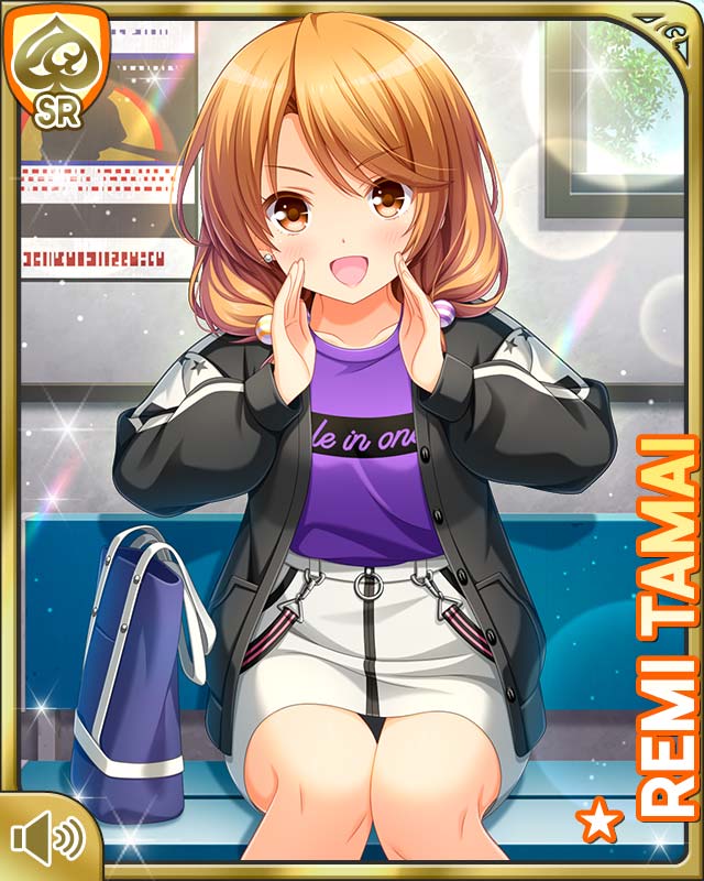 1girl :d bare_legs batting_cage black_jacket brown_eyes brown_hair card_(medium) day dutch_angle facing_viewer female_focus girlfriend_(kari) indoors jacket looking_at_viewer low_twintails official_art onsen open_mouth purple_shirt qp:flapper shirt sitting skirt smile solo tamai_remi twintails white_skirt
