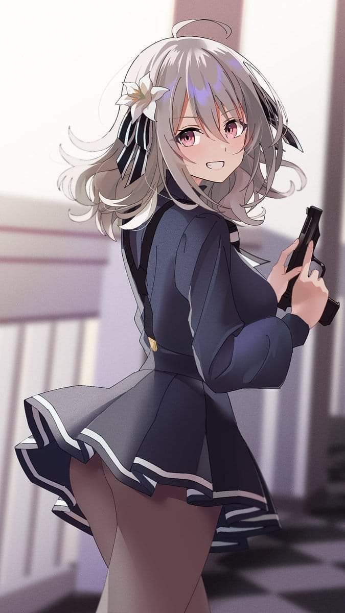 1girl ass blurry blurry_background breasts curvy dress gun highres large_breasts lily_(spy_kyoushitsu) pantyhose purple_eyes red_eyes school_uniform short_dress short_eyebrows short_hair skirt smile solo spy spy_kyoushitsu spy_room underwear weapon white_hair youmtk1714