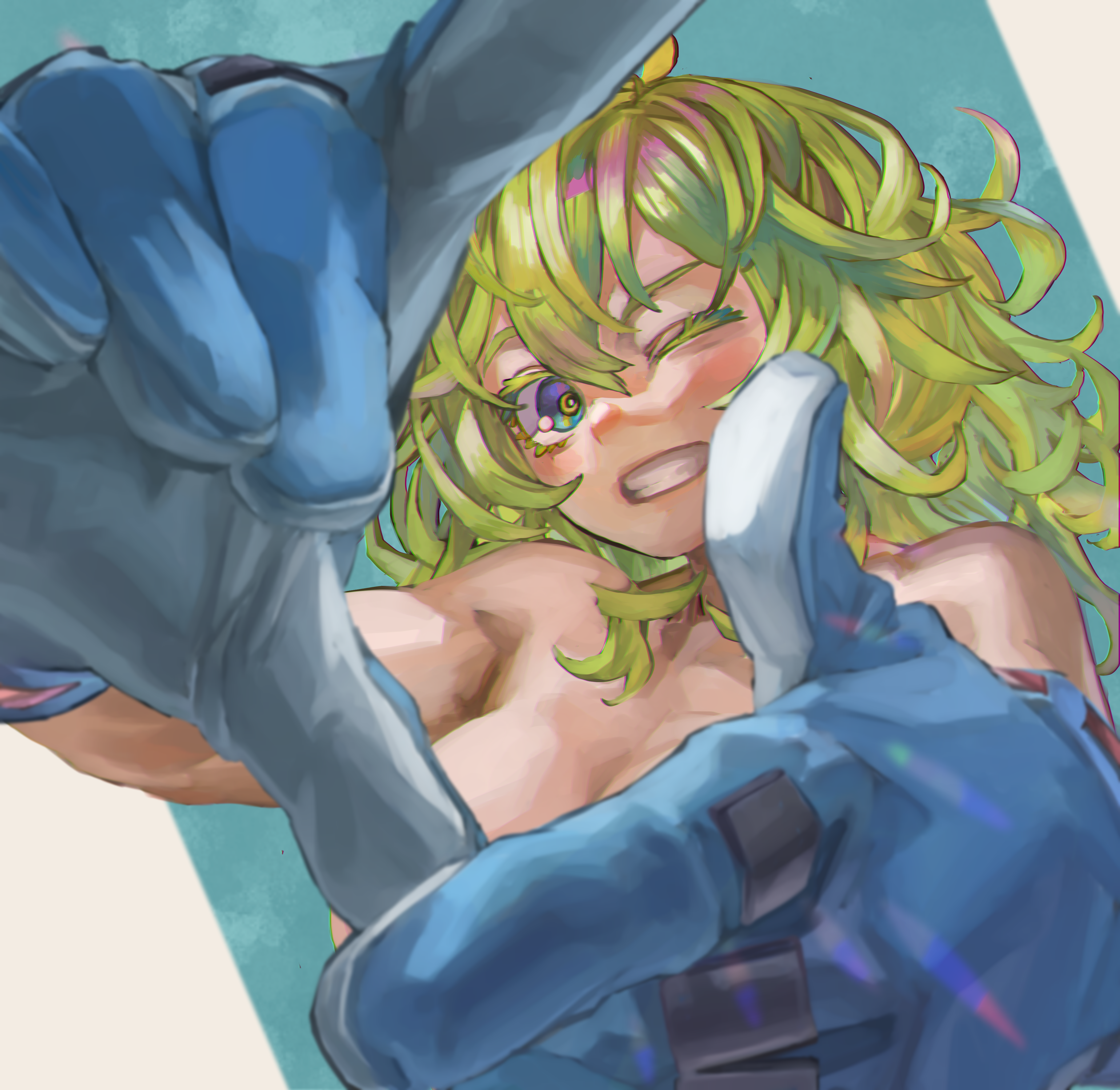 1girl absurdres boku_no_hero_academia convenient_censoring green_hair hagakure_toru highres looking_at_viewer nude one_eye_closed solo yomoyama_yotabanashi