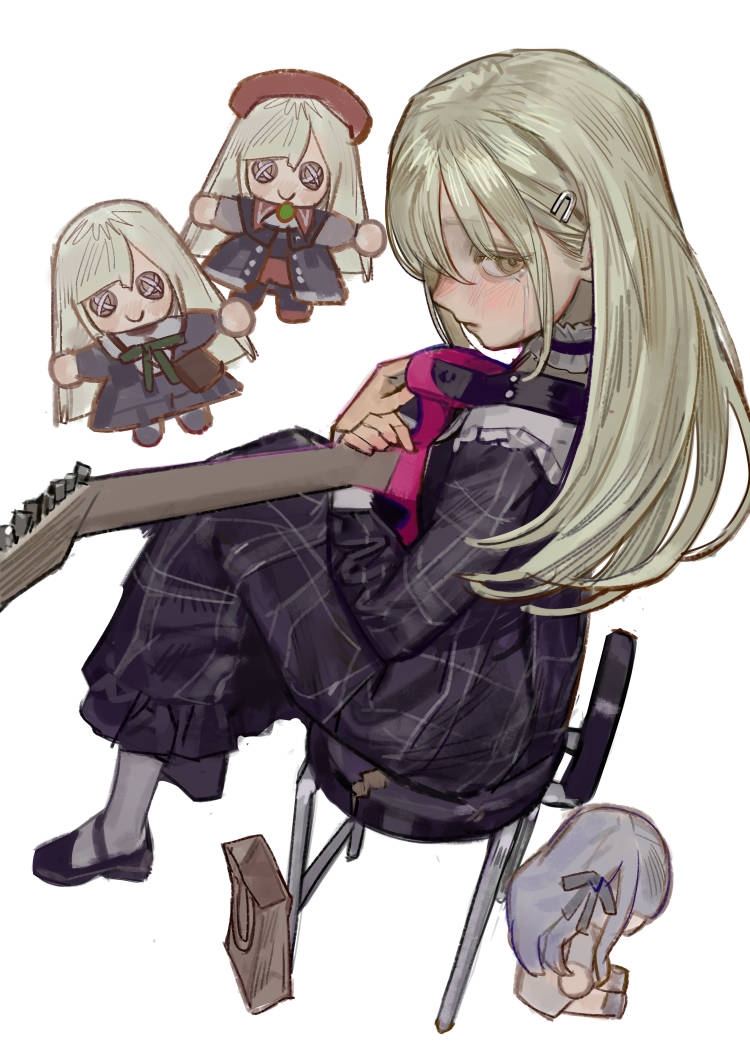 1girl bag bang_dream! bang_dream!_it&#039;s_mygo!!!!! beret black_dress black_shoes button_eyes buttons chair character_doll chinese_commentary closed_mouth commentary_request crying crying_with_eyes_open dress frilled_dress frills from_side full_body green_hair guitar hat holding holding_guitar holding_instrument instrument kofi-mo long_hair long_sleeves looking_at_viewer looking_back mortis_(bang_dream!) mortis_(costume)_(bang_dream!) on_chair red_hat shoes sidelocks simple_background sitting solo tears togawa_sakiko wakaba_mutsumi white_background yellow_eyes