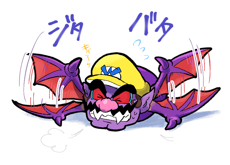 1boy bat_(animal) bat_wario bat_wings big_nose closed_eyes colored_skin facial_hair fangs hat hoshi_(star-name2000) mustache nintendo pointy_ears purple_skin red_eyes simple_background sweatdrop thick_eyebrows wario wario_land wario_land_4 white_background wings yellow_hat
