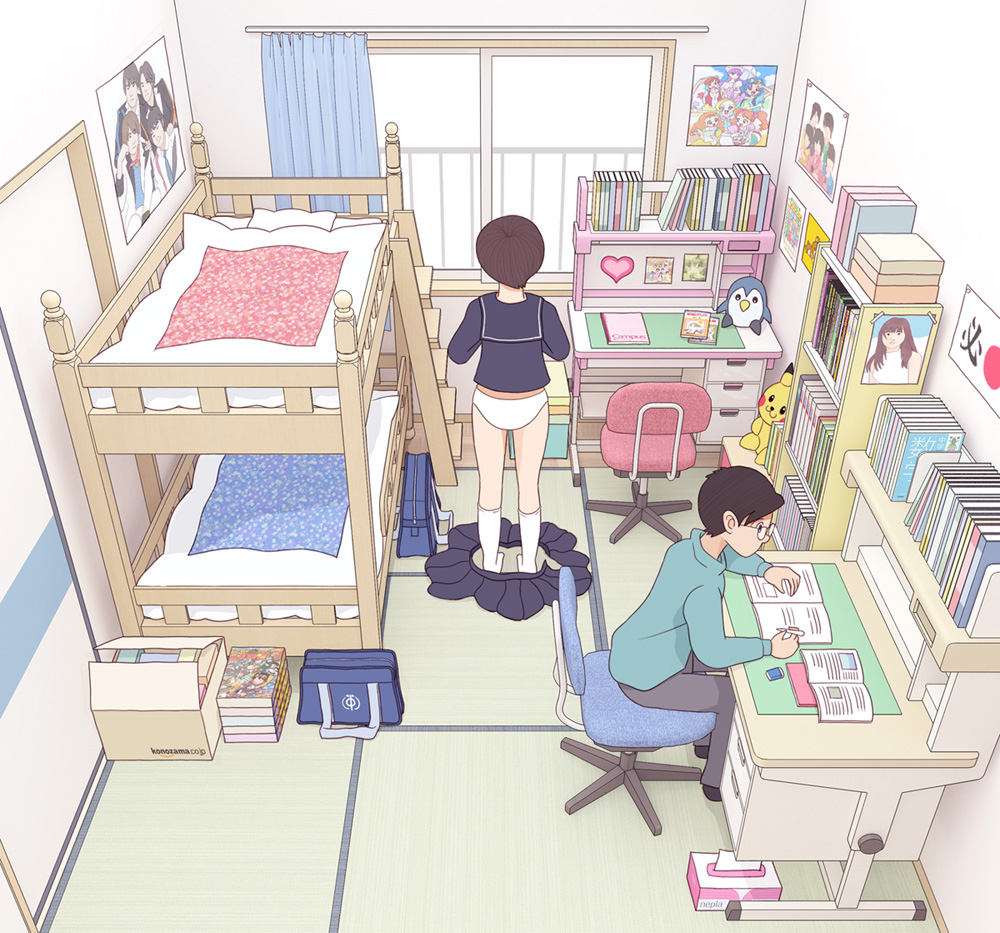 1boy 1girl bag bed book bookshelf box brother_and_sister brown_hair bunk_bed cardboard_box chair character_doll commentary_request curtains desk doll eraser from_above gen_1_pokemon glasses heart holding holding_pencil indoors kiyo_(kyokyo1220) nintendo office_chair original panties pencil pikachu pillow pleated_skirt pokemon pokemon_(creature) poster_(object) roomscape school_uniform serafuku short_hair siblings sitting skirt sliding_doors socks standing studying stuffed_animal stuffed_toy swivel_chair tatami tissue_box underwear undressing unworn_skirt white_legwear white_panties window