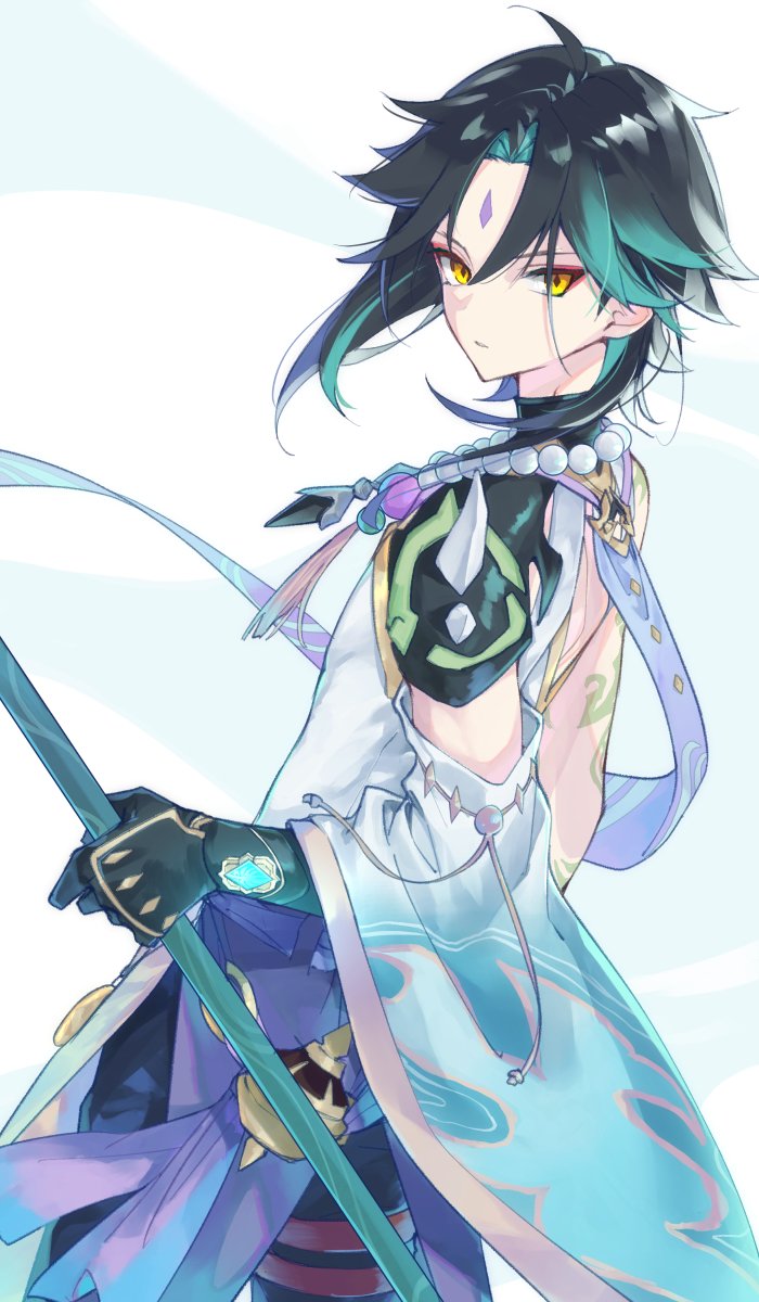 1boy aqua_hair arm_tattoo bead_necklace beads black_hair closed_mouth facial_mark forehead_mark gameyaruzaurus genshin_impact gloves gradient_hair highres holding holding_weapon jewelry looking_at_viewer male_focus multicolored_hair necklace polearm simple_background solo spikes tattoo vision_(genshin_impact) weapon xiao_(genshin_impact) yellow_eyes