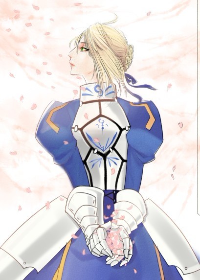 1girl ahoge armor armored_dress artoria_pendragon_(fate) bad_id bad_pixiv_id blonde_hair dress fate/stay_night fate_(series) female_focus gauntlets green_eyes hair_ribbon petals puffy_sleeves ribbon saber_(fate) solo yaoshuyi