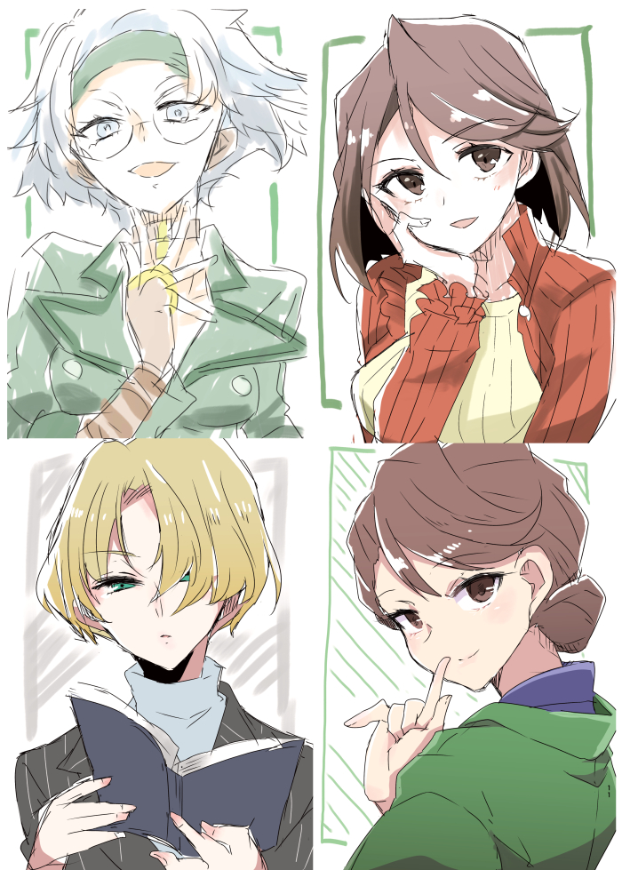 4girls black_jacket blue_hair blue_sweater brown_hair fingerless_gloves fujieda_ayame fujieda_kaede fuurin_kingyou gloves green_jacket hair_behind_ear hair_bun jacket maria_tachibana multiple_girls open_hand open_mouth red_jacket ribbed_sweater sakura_taisen sakura_taisen_ii sakura_taisen_iii single_hair_bun sketch smile sweater yellow_sweater
