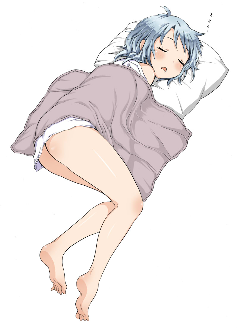 1girl barefoot blanket blue_hair blush closed_eyes comic_studio female_focus no_pants official_art pillow sekai_ichiko sleeping solo ubizo zzz