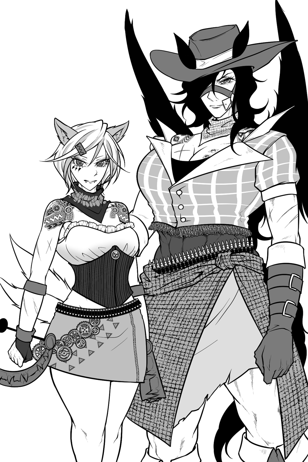 2girls animal_ears bandana bandolier bear_trap belt breasts bullet cleavage closed_mouth commentary_request cowboy_hat cowboy_shot dog_ears dog_girl dog_tail ears_through_headwear expressionless feathered_wings gloves greyscale hat highres horse_ears horse_tail kurokoma_saki large_breasts looking_at_viewer medium_breasts mitsugashira_enoko monochrome multiple_girls multiple_tails ryuuichi_(f_dragon) shirt short_hair short_sleeves shoulder_tattoo simple_background skirt strapless strapless_shirt tail tattoo touhou wings