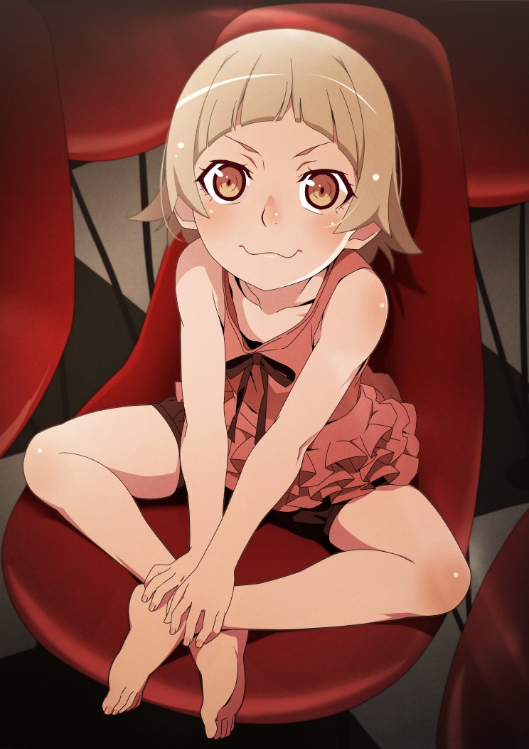 arched_bangs bare_arms barefoot black_bloomers black_ribbon blonde_hair bloomers blush brown_eyes chair checkered_floor closed_mouth collarbone crossed_ankles dress fingernails flat_chest frilled_dress frills from_above full_body gesugesu_ahoaho hair_flaps hands_on_feet hands_on_own_feet indian_style kizumonogatari knee_blush looking_at_viewer monogatari_(series) on_chair oshino_shinobu red_dress ribbon ringed_eyes shadow short_dress short_hair shoulder_blush sitting sleeveless sleeveless_dress snake_mouth toenails turtleneck underwear v_arms wide-eyed
