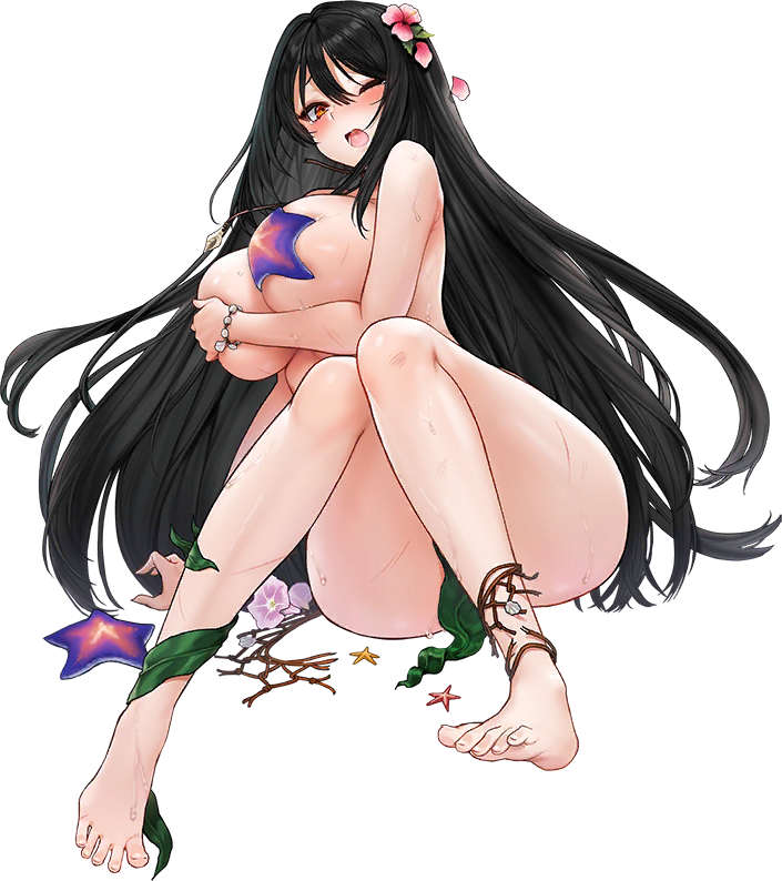 1girl amphitrite_(last_origin) anklet barefoot bikini bikini_bottom_aside black_hair blush bracelet breasts broken_necklace clothing_aside covering_nipples covering_privates crumbling defeat falling_petals feet flower full_body hair_between_eyes hair_flower hair_ornament injury jewelry kelp knees_together_feet_apart large_breasts last_origin leaf_bracelet long_hair looking_at_viewer mel_(dodosae) necklace net official_alternate_costume official_art one_eye_closed open_mouth petals pink_flower red_eyes saliva seaweed shell shell_necklace simple_background sitting skindentation solo starfish_bikini suggestive_fluid sweat swimsuit tachi-e tearing_up third-party_source toenails toes torn_bikini torn_clothes transparent_background underboob