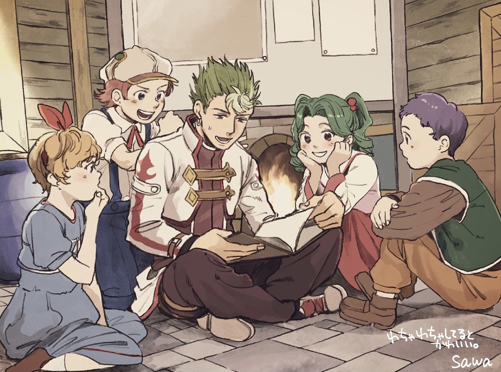 2girls 3boys artist_name book brown_footwear collar commentary_request cropped_jacket earrings eiyuu_densetsu fire fireplace green_hair holding holding_book indoors jacket jewelry kevin_graham multiple_boys multiple_girls open_book open_mouth orange_hair overalls purple_hair reading red_hair red_jacket sawaponu3 shirt shoes short_hair sitting smile sora_no_kiseki sweat teeth twintails white_footwear white_jacket white_shirt