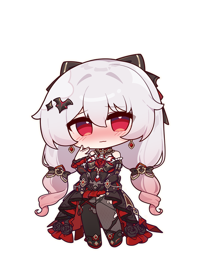 1girl \||/ black_bow black_dress black_pantyhose black_sleeves blush bow chibi closed_mouth detached_sleeves dress earrings eta fang full_body hair_bow honkai_(series) honkai_impact_3rd jewelry long_hair looking_at_viewer official_art pantyhose red_eyes skin_fang theresa_apocalypse theresa_apocalypse_(luna_kindred) theresa_apocalypse_(lunar_vow:_crimson_love) third-party_source torn_clothes torn_pantyhose twintails very_long_hair white_hair