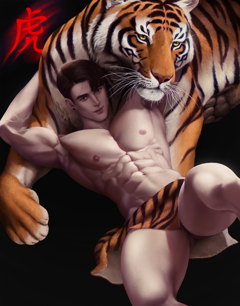 1boy abs animal bara black_hair closed_mouth fox_bravo happy_new_year large_pectorals looking_at_viewer male_focus muscular muscular_male navel new_year nipples original pectorals short_hair thick_thighs thighs tiger translation_request