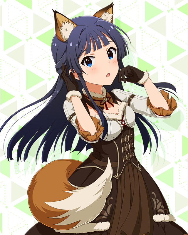 1girl :o animal_ear_fluff animal_ears black_hair blue_eyes blunt_bangs blunt_ends blush bodice breasts brown_dress brown_gloves cleavage detached_collar dirndl dot_nose dress fake_animal_ears fox_ears fox_tail frilled_sleeves frills fur-trimmed_collar fur-trimmed_gloves fur_trim german_clothes gloves hair_over_shoulder hand_in_own_hair hands_up idolmaster idolmaster_million_live! idolmaster_million_live!_theater_days konkon_comfort_(idolmaster) long_hair looking_at_viewer mogami_shizuka neck_ribbon official_alternate_costume official_art ribbon shirt sidelocks sleeveless sleeveless_dress three-quarter_sleeves small_breasts solo tail triangle_background underbust white_shirt