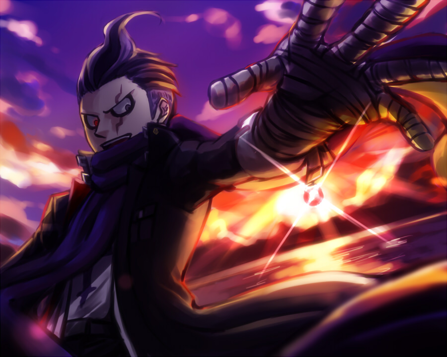 10s 1boy bandages black_hair chuunibyou danganronpa_(series) danganronpa_2:_goodbye_despair heterochromia jacket lens_flare male_focus multicolored_hair open_mouth outstretched_arm scar scarf scarf_over_mouth short_hair solo sun tanaka_gundham tanaka_gundam tsukishiro50 tsukishiro_ao