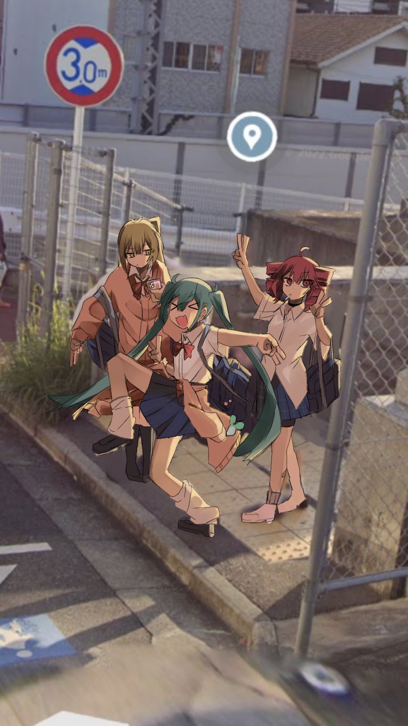 &gt;_&lt; 3girls :d ahoge akita_neru amkz_0120 aqua_hair arm_up bag bike_shorts bike_shorts_under_skirt black_choker black_footwear blonde_hair blue_skirt bow bowtie cellphone chain-link_fence choker clothes_around_waist collared_shirt day double_v drill_hair fence hatsune_miku high_school_girls_posing_for_google_street_view_(meme) highres holding holding_phone kasane_teto leg_warmers long_hair meme multiple_girls open_mouth phone photo_background pleated_skirt red_bow red_bowtie red_eyes red_hair road_sign school_uniform shirt short_sleeves sign skirt smartphone smile standing standing_on_one_leg sweater sweater_around_waist triple_baka_(vocaloid) twintails utau v very_long_hair vocaloid white_shirt yellow_eyes