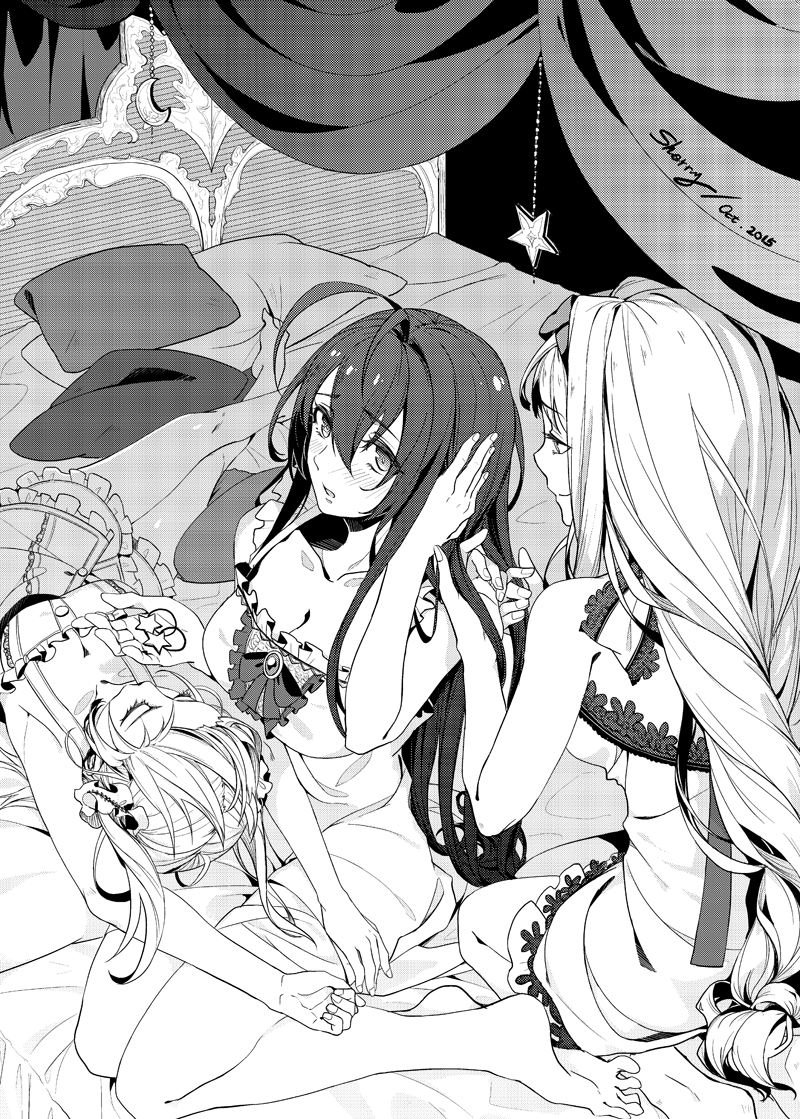 3girls alternate_hairstyle antenna_hair bed bedroom blazblue blazblue_remix_heart blush breasts crescent closed_eyes genderswap genderswap_(mtf) greyscale hair_down hairband hairdressing hand_in_another&#039;s_hair hand_in_own_hair kajun_faycott large_breasts long_hair looking_at_another lying mai_natsume monochrome multiple_girls nightgown on_back open_mouth pillow selenoring shiori_kirihito sitting sleepover smile two_side_up very_long_hair