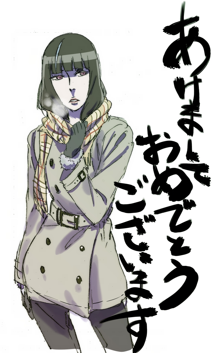 10s 1girl belt black_hair blunt_bangs breath buckle buttons chiyuki_(death_parade) coat cowboy_shot death_parade female_focus fur_trim gloves kurita_shin&#039;ichi kurokami_no_onna lipstick long_hair long_sleeves looking_to_the_side makeup multicolored_hair pants parted_lips plaid purple_eyes scarf simple_background sketch solo standing two-tone_hair white_background white_hair winter_clothes