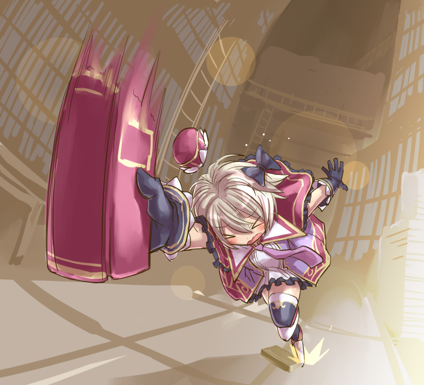 &gt;_&lt; 1girl black_gloves book book_focus bow buch_alma catching character_request closed_eyes emil_chronicle_online female_focus fisheye foreshortening frills gloves hair_bow hat kasuga_yukihito lens_flare library motion_blur running solo thighhighs unworn_hat unworn_headwear
