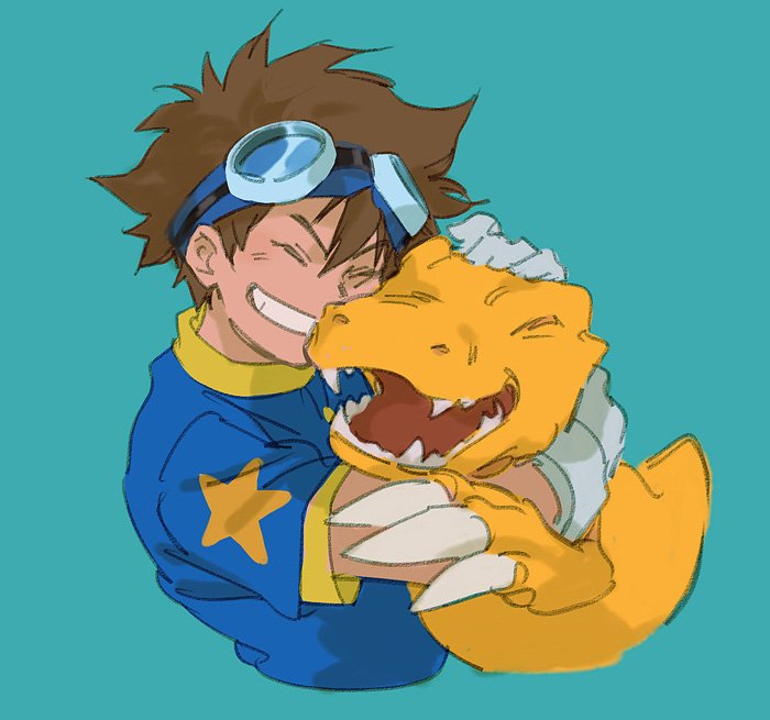 1boy ^_^ agumon aqua_background blue_shirt blush closed_eyes commentary cropped_torso digimon digimon_(creature) digimon_adventure gloves green_hair hug loveariddle sharp_teeth shirt short_hair simple_background smile t-shirt teeth yagami_taichi