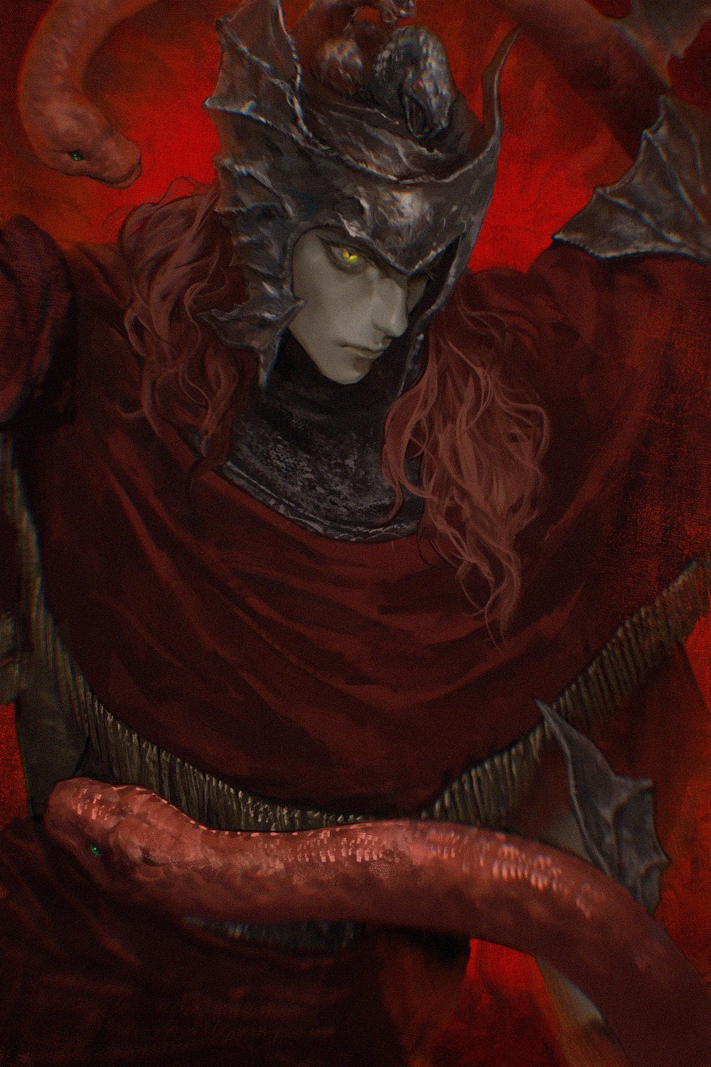 1boy armor chainmail closed_mouth daeraeband elden_ring elden_ring:_shadow_of_the_erdtree helmet highres long_hair looking_at_viewer male_focus messmer_the_impaler one_eye_closed ornate_armor red_background red_hair red_robe red_snake robe sleeveless_tunic slit_pupils snake solo winged_helmet yellow_eyes