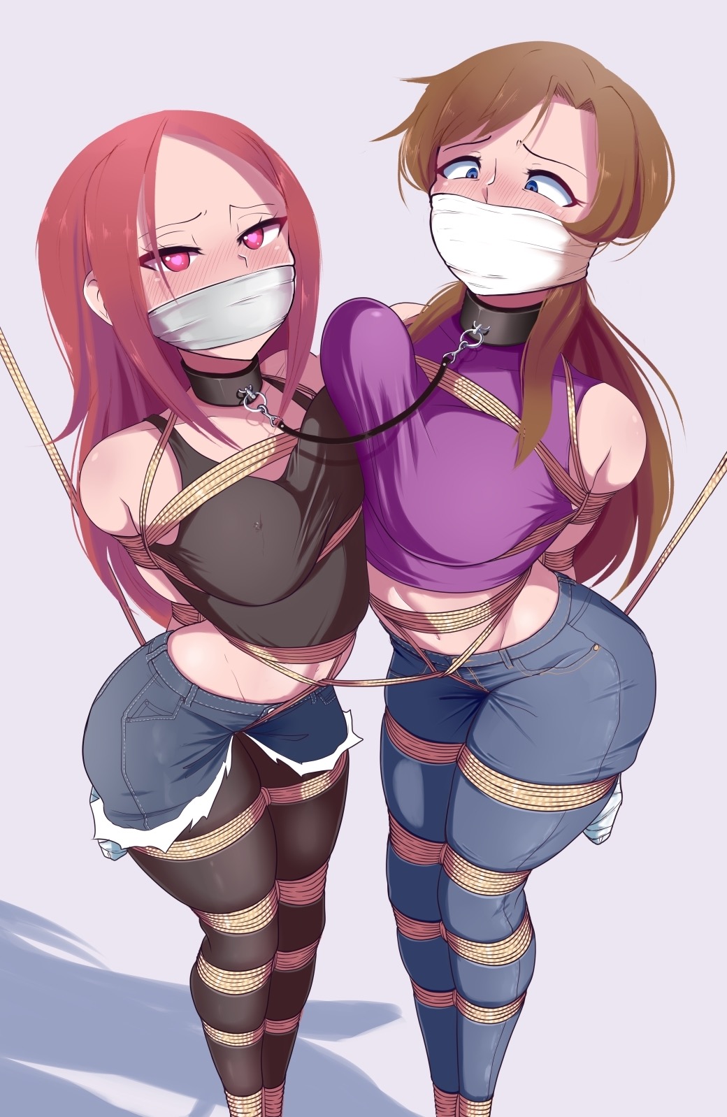 2girls arms_behind_back asymmetrical_docking bagelbomb bdsm blue_eyes blush bondage bound bound_ankles bound_arms bound_legs bound_thighs bound_torso breast_press breasts brown_hair cloth_gag collar crop_top crotch_rope cutoffs denim denim_shorts gag gagged heart heart-shaped_pupils highres improvised_gag jeans lauren_(franky62009) leash long_hair lucine_(hinatachan1177) medium_breasts midriff multiple_girls original pants pantyhose pantyhose_under_shorts parted_bangs red_eyes rope second-party_source shorts slave symbol-shaped_pupils symmetrical_docking tank_top white_background