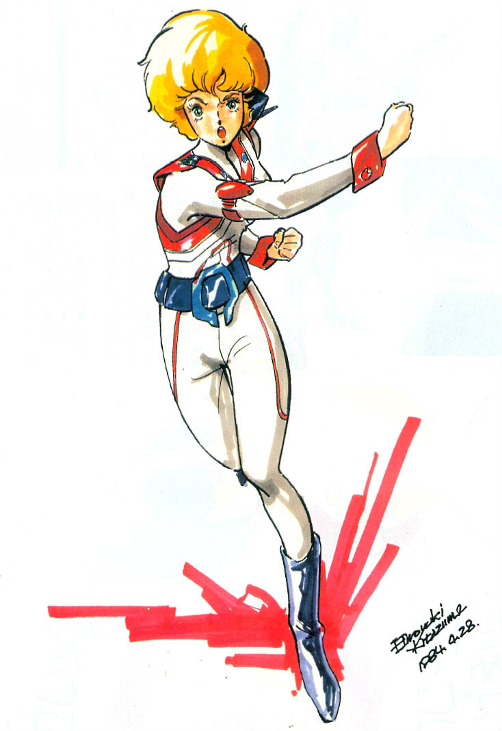 1980s_(style) 1984_(year) 1girl angry artist_name atac belt blonde_hair boots choujikuu_kidan_southern_cross dated form_fitting headgear incoming_attack incoming_punch jeanne_francaix kitazume_hiroyuki looking_at_viewer marker_(medium) military military_uniform official_art oldschool production_art punching radio_antenna retro_artstyle running_towards_viewer scan science_fiction shouting signature traditional_media