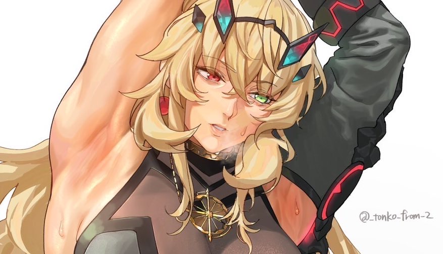 1girl armpits arms_up bare_shoulders barghest_(fate) barghest_(second_ascension)_(fate) black_dress black_gloves blonde_hair breasts dress elbow_gloves fate/grand_order fate_(series) gauntlets gloves green_eyes heterochromia horns large_breasts long_hair looking_to_the_side presenting_armpit red_eyes single_gauntlet solo sweat tonko_from
