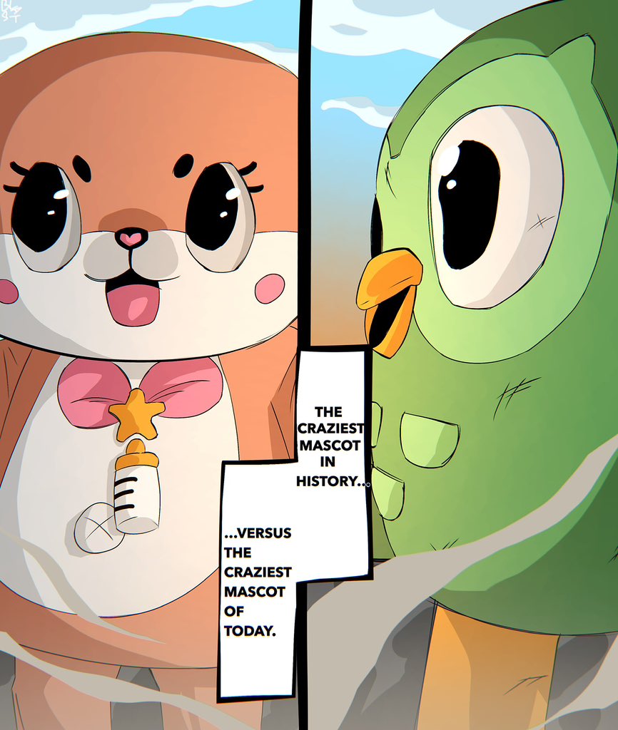 2others artist_request bad_id bad_twitter_id bird bottle bow bowtie chiitan duo_(duolingo) duolingo english_text eyelashes jujutsu_kaisen mascot mascot_costume meme milk_bottle multiple_others open_mouth original owl pink_bow pink_bowtie scratches smoke standing strongest_sorcerer_in_history_vs_strongest_sorcerer_of_today vs