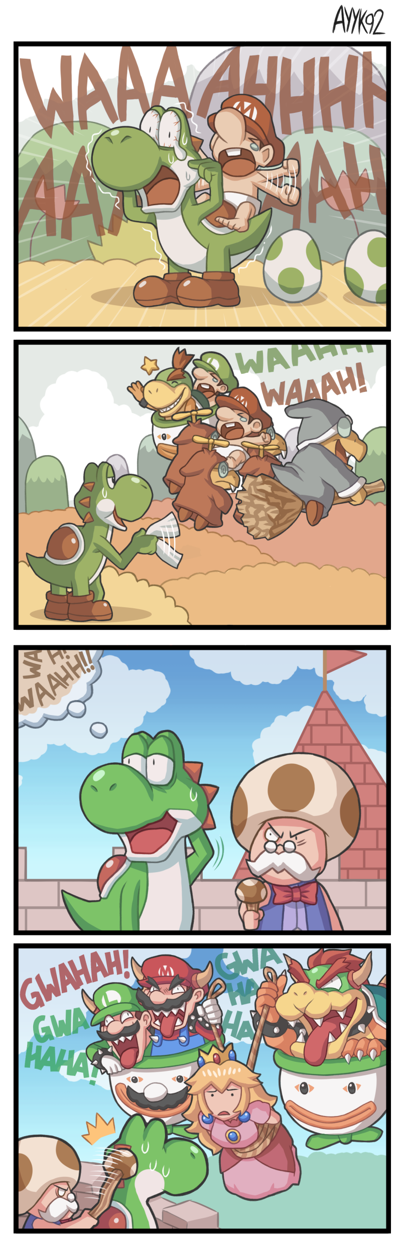 absurdres alternate_universe angry ayyk92 baby_bowser baby_luigi baby_mario blonde_hair blue_sky bowser broom crying dinosaur dress egg evil_smile fangs glasses handkerchief hat highres hitting horns kamek koopa_clown_car laughing luigi mario mario_(series) nervous nintendo open_mouth princess_peach rope sky smile sound_effects staff super_mario_world_2:_yoshi&#039;s_island sweatdrop tears toadsworth toady yoshi