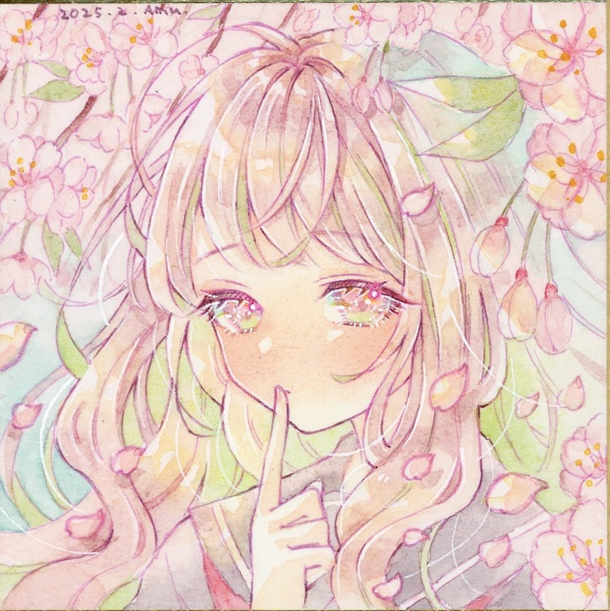 1girl amu_(m_aa) black_sailor_collar blonde_hair cherry_blossoms closed_mouth commentary_request dated eyelashes falling_petals finger_to_mouth flower green_eyes grey_shirt long_hair original painting_(medium) petals pink_flower portrait sailor_collar shikishi shirt signature solo traditional_media watercolor_(medium)