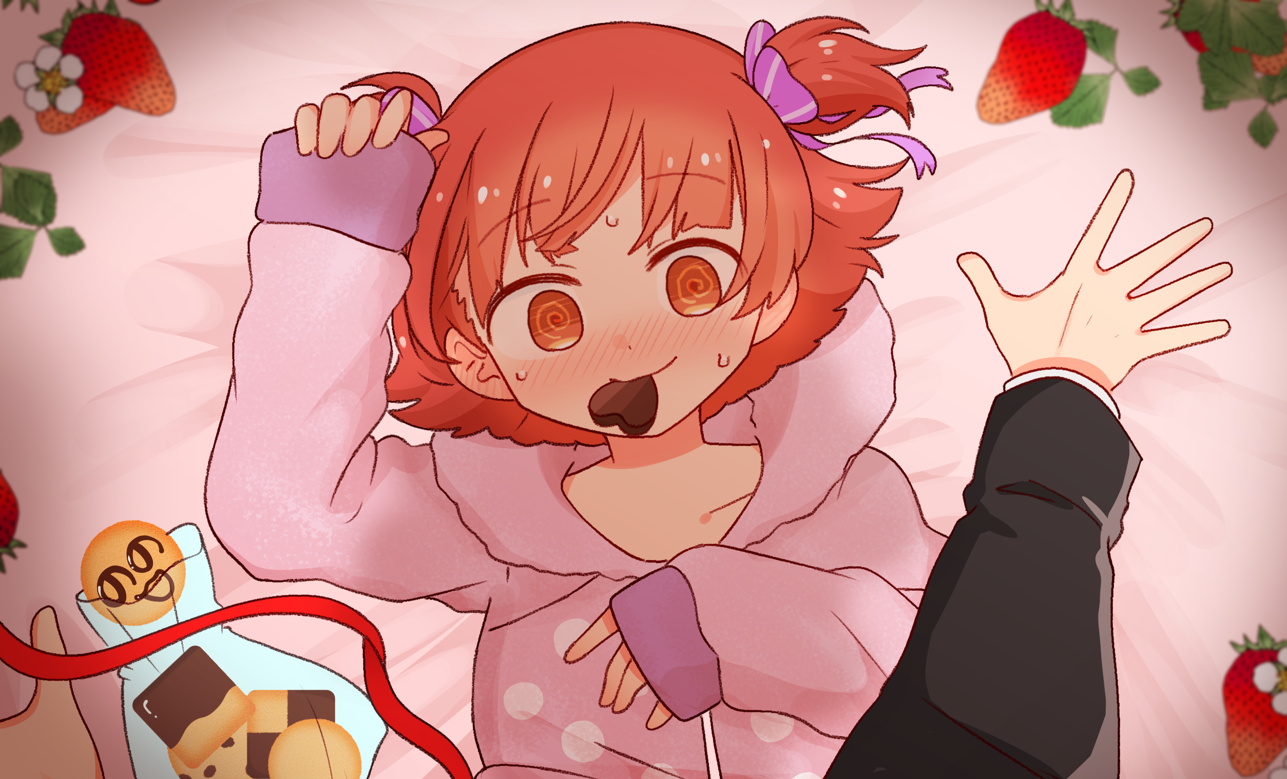 1boy 1girl @_@ bed_sheet biting black_jacket blunt_bangs blush breasts candy chocolate chocolate_heart closed_mouth collarbone cookie ear_blush flipped_hair food formal_clothes fruit hair_ribbon heart heart-shaped_food highres hood hoodie idolmaster idolmaster_million_live! idolmaster_million_live!_theater_days jacket lying nonohara_akane on_back on_bed orange_eyes orange_hair pink_hood pink_hoodie pov pov_hands purple_ribbon ribbon short_hair sleeves_past_wrists small_breasts solo strawberry suit sweat two_side_up upper_body uwkpt
