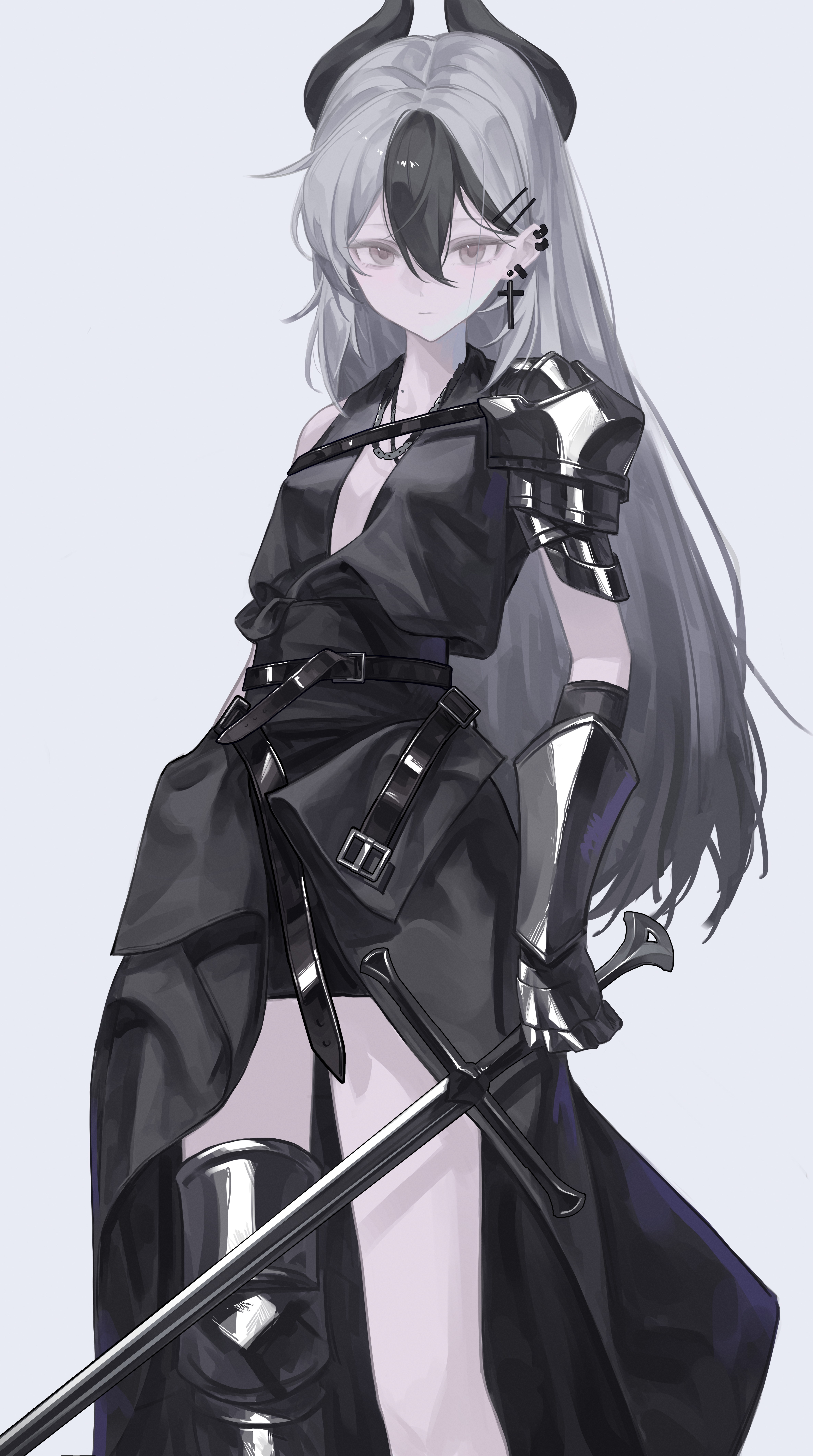 1girl absurdres alternate_costume alternate_hairstyle armor black_dress blue_archive breasts cleavage closed_mouth cross cross_earrings demon_girl demon_horns dress ear_piercing earrings expressionless gauntlets greaves grey_eyes hair_behind_ear hair_between_eyes highres holding holding_sword holding_weapon horns jewelry kayoko_(blue_archive) long_hair looking_at_viewer pauldrons piercing shoulder_armor sidelocks single_bare_shoulder single_earring single_gauntlet single_greave single_pauldron sleeveless sleeveless_dress sword weapon white_hair yaoyao_(yoyo27456335489)