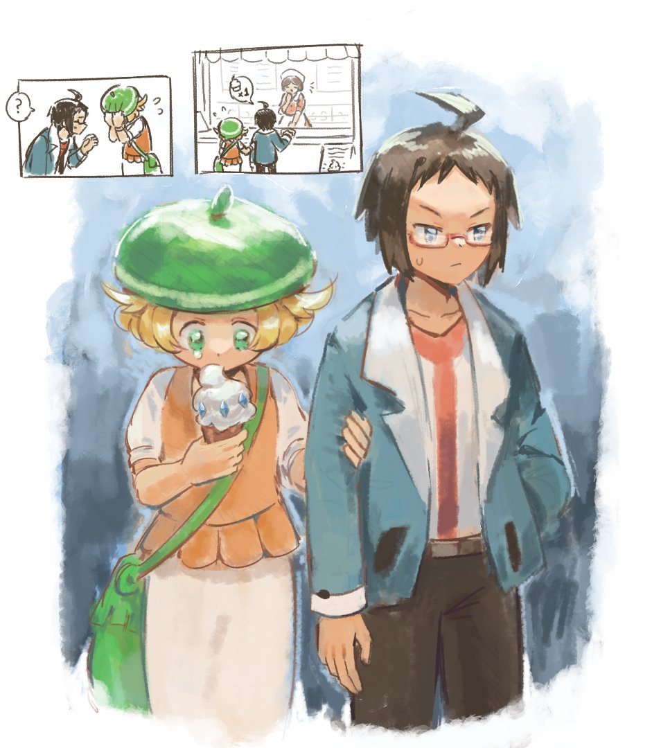 1boy 2girls ? ahoge bag belt beret bianca_(pokemon) blonde_hair casteliacone cheren_(pokemon) commentary dress eating flying_teardrops food green_bag green_eyes green_hat hat holding holding_another&#039;s_arm ice_cream jacket long_sleeves looking_down miiyokoe multiple_girls nintendo open_clothes open_jacket orange_vest pants pokemon pokemon_bw shirt short_hair short_sleeves shoulder_bag spoken_question_mark tearing_up vest waitress_(pokemon) white_dress