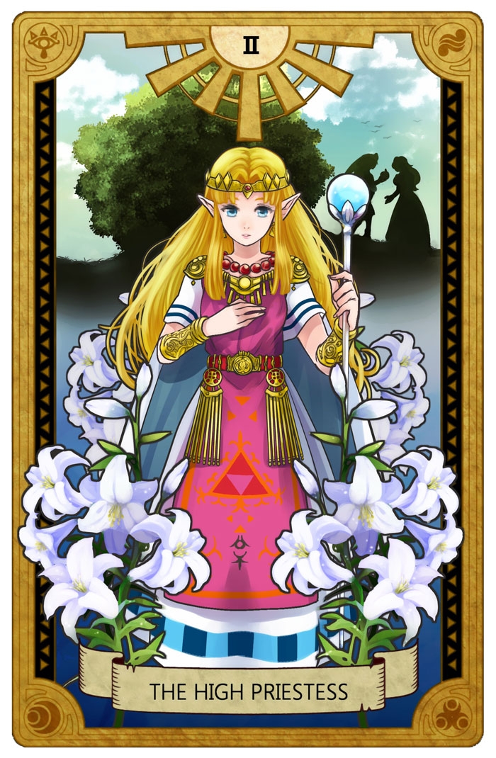 1girl blonde_hair bracer card_(medium) dress flower hand_on_own_chest holding holding_staff lily_(flower) link long_hair looking_at_viewer nintendo parted_lips pink_tabard pointy_ears princess_zelda short_sleeves solo staff straight-on suzuno_(kazahanasu) tabard tarot tarot_(medium) the_high_priestess_(tarot) the_legend_of_zelda the_legend_of_zelda:_a_link_to_the_past triforce_print white_dress white_lily