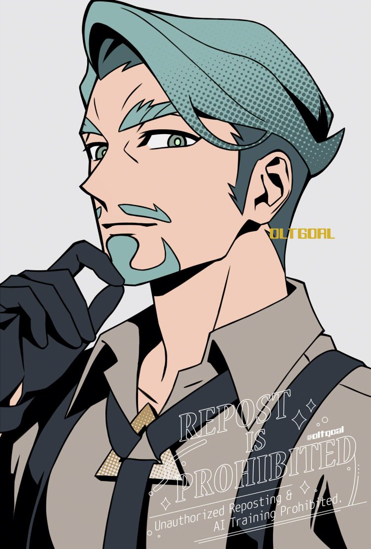 1boy artist_name beard ben-day_dots black_gloves black_necktie challia_bull collared_shirt commentary cosplay creator_connection creatures_(company) english_text facial_hair game_freak gloves green_eyes green_hair grey_background grey_shirt gundam gundam_gquuuuuux hand_on_own_chin light_smile long_sideburns looking_at_viewer male_focus mature_male mustache necktie nintendo oltgoal pokemon pokemon_sv rika_(pokemon) rika_(pokemon)_(cosplay) screentones shirt short_hair sideburns simple_background solo suspenders thick_eyebrows twitter_username upper_body watermark wing_collar